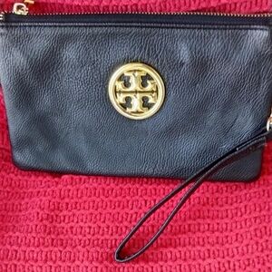 Black Pebble Leather Wristlet With Gold tone Accents